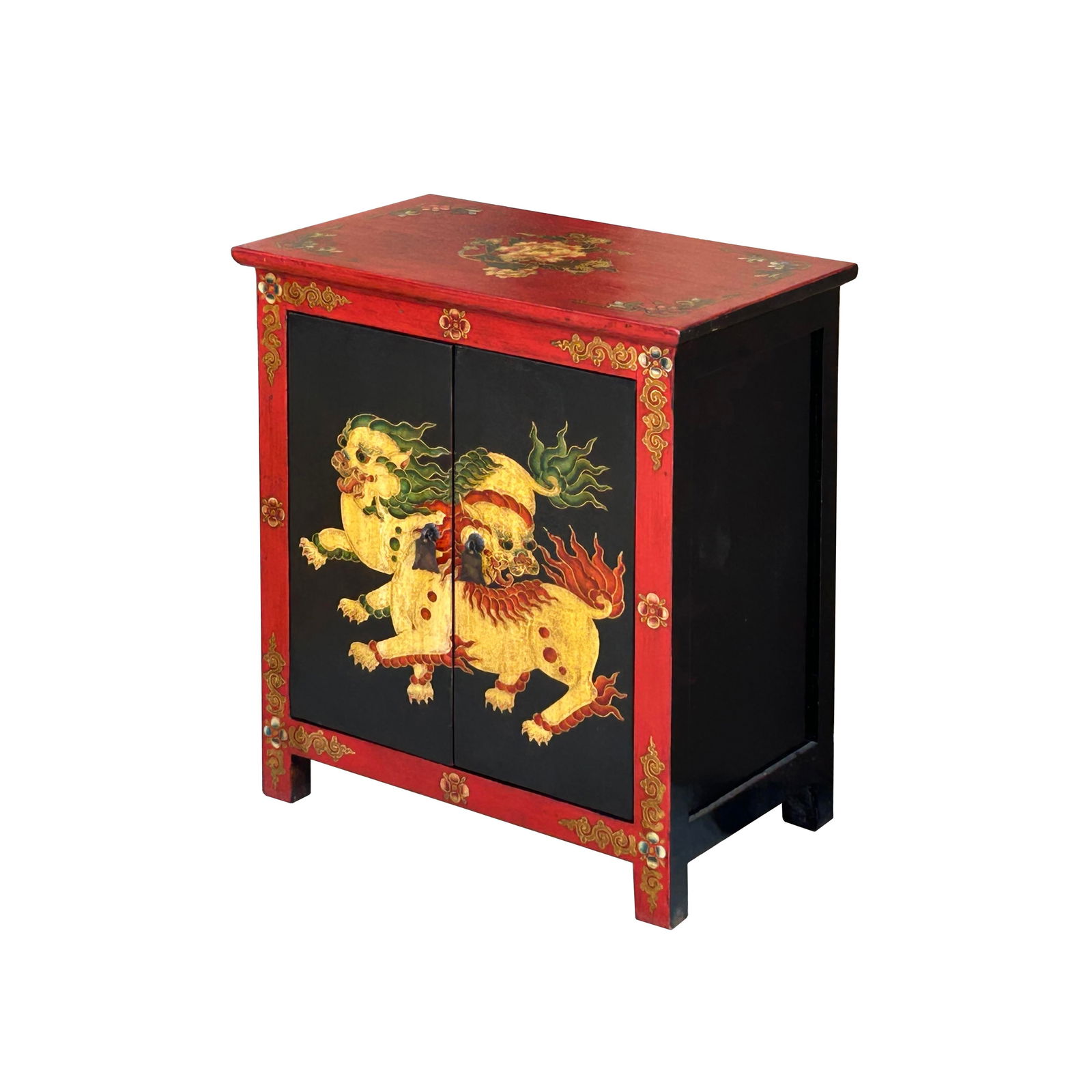 Tibetan Oriental Black Red Foo Dogs Lions End Table Nightstand - 2