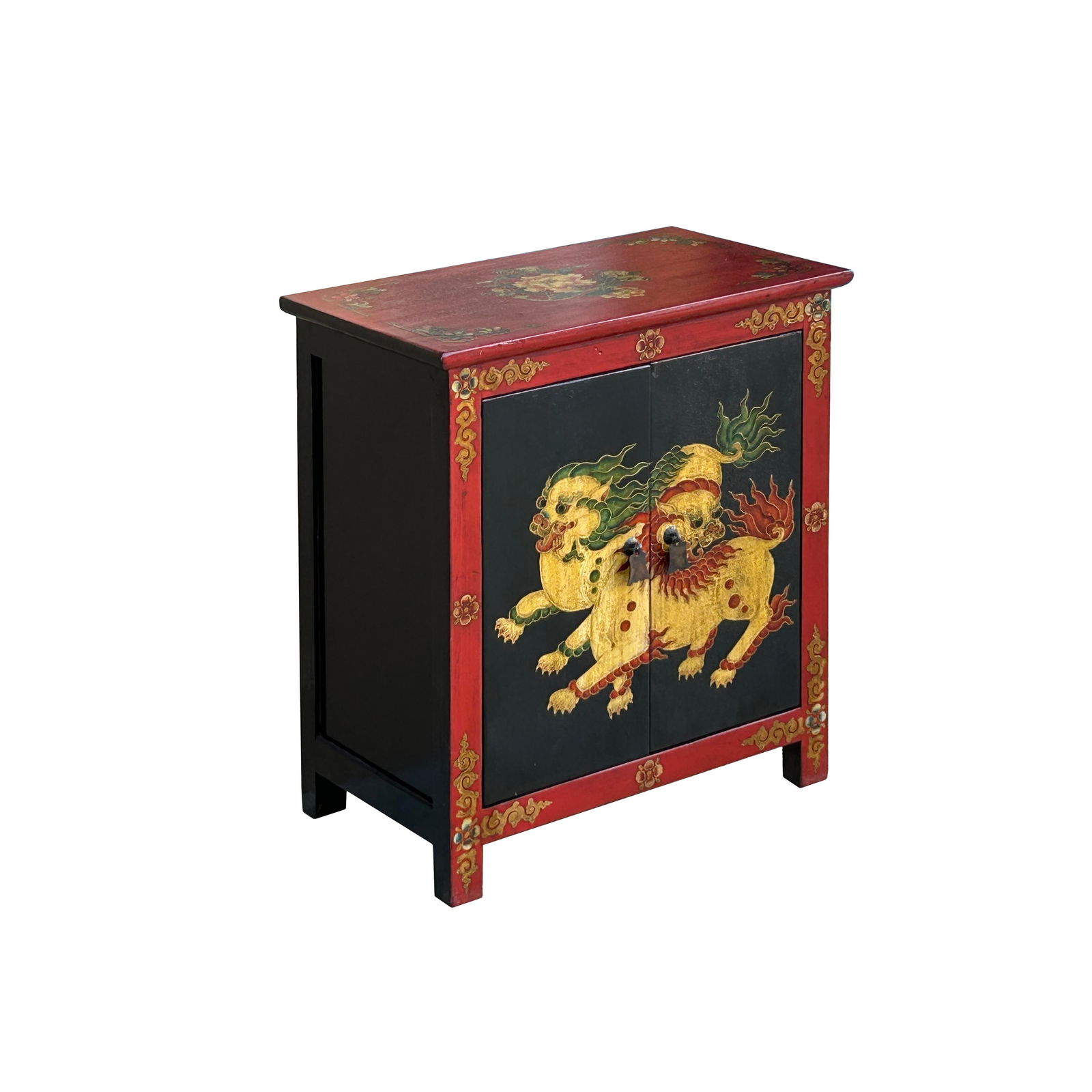 Tibetan Oriental Black Red Foo Dogs Lions End Table Nightstand - 3