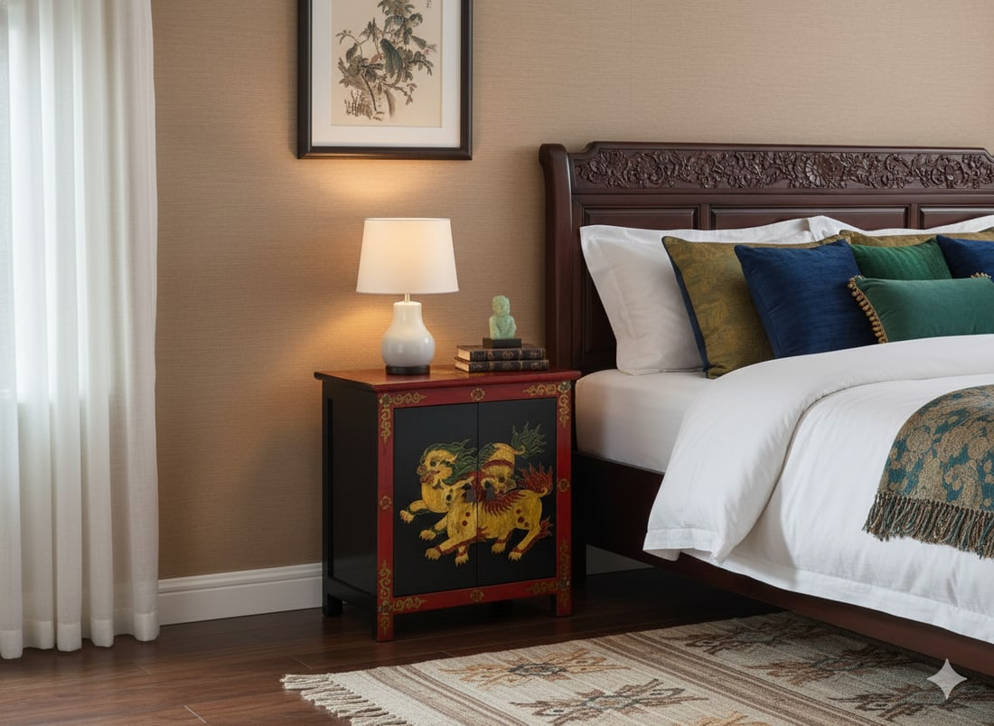 Tibetan Oriental Black Red Foo Dogs Lions End Table Nightstand - 6