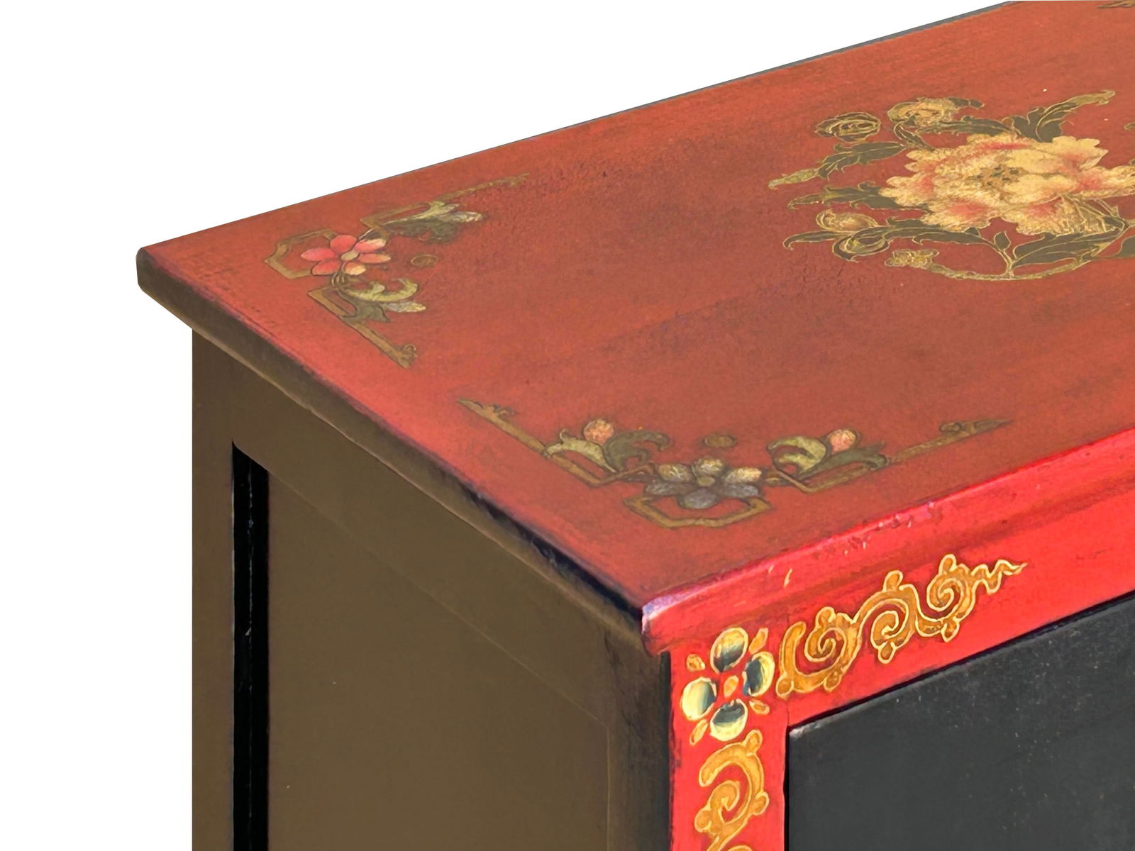 Tibetan Oriental Black Red Foo Dogs Lions End Table Nightstand - 8