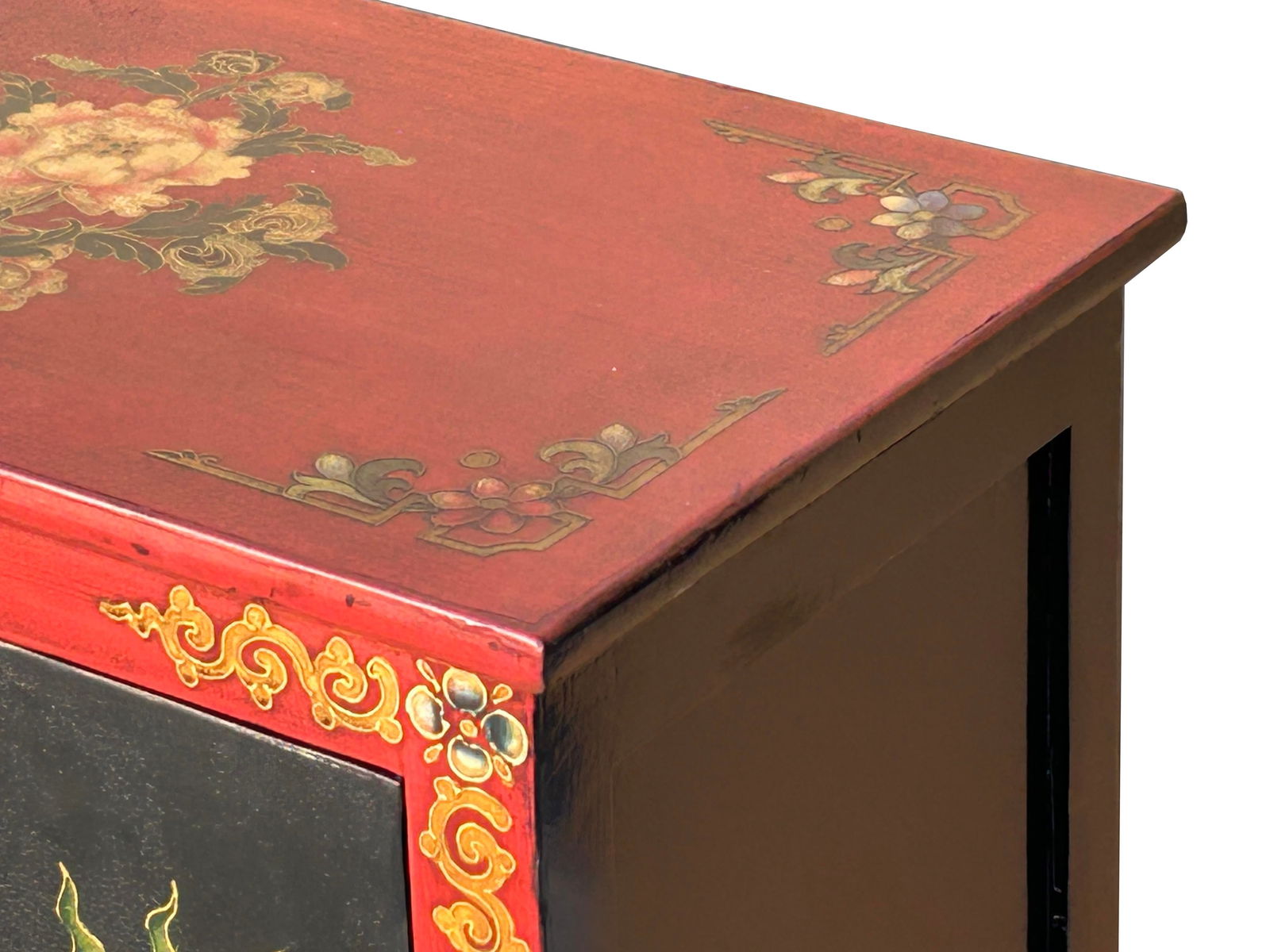 Tibetan Oriental Black Red Foo Dogs Lions End Table Nightstand - 9