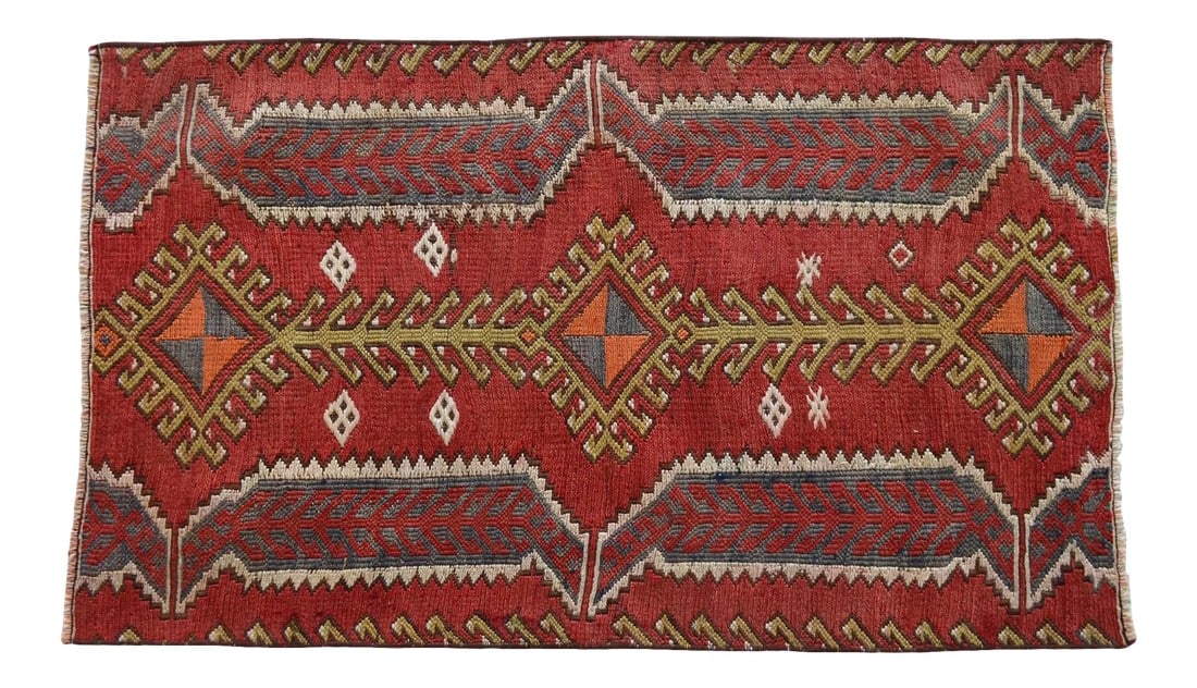 1960s Vintage Sumac Weave Turkish Kilim Rug: This handwoven Sumac weave vintage Kilim rug has fun & cheerful colors. Dimensions: 22.4 x 37.4 inches. Origin: Anatolia Age: About 50-60 years old Weight: ~ 2.8 lbs Professionally cleaned and