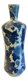 1990s Tall Chinese Embossed Blue & White Vase