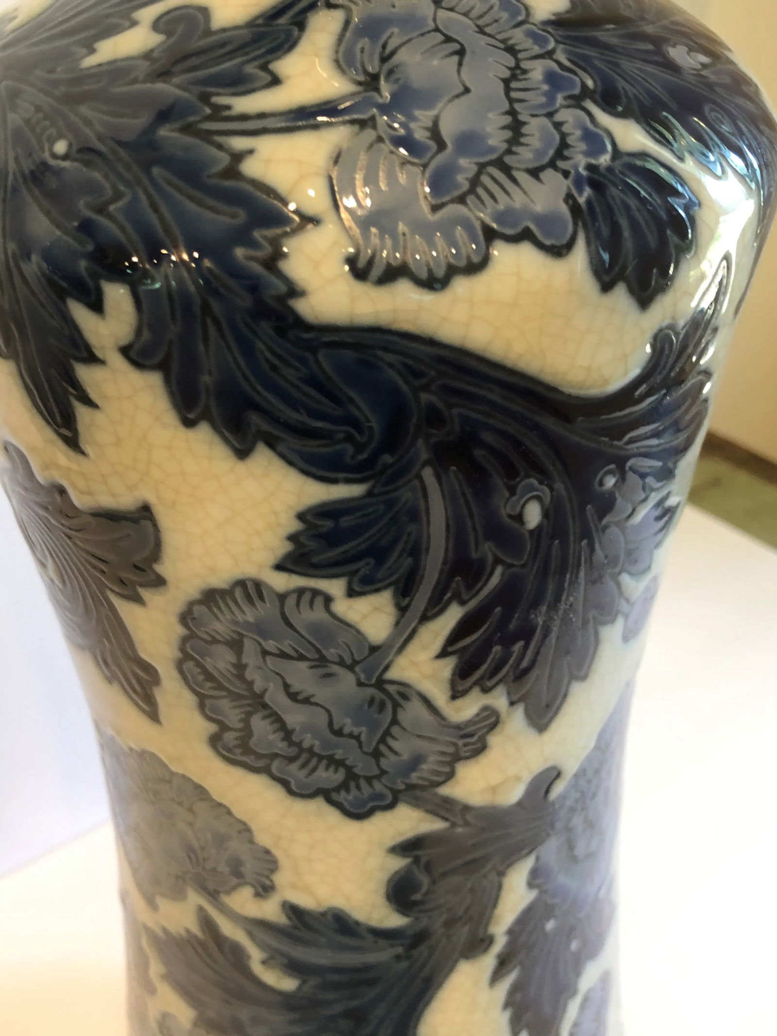 1990s Tall Chinese Embossed Blue & White Vase - 2