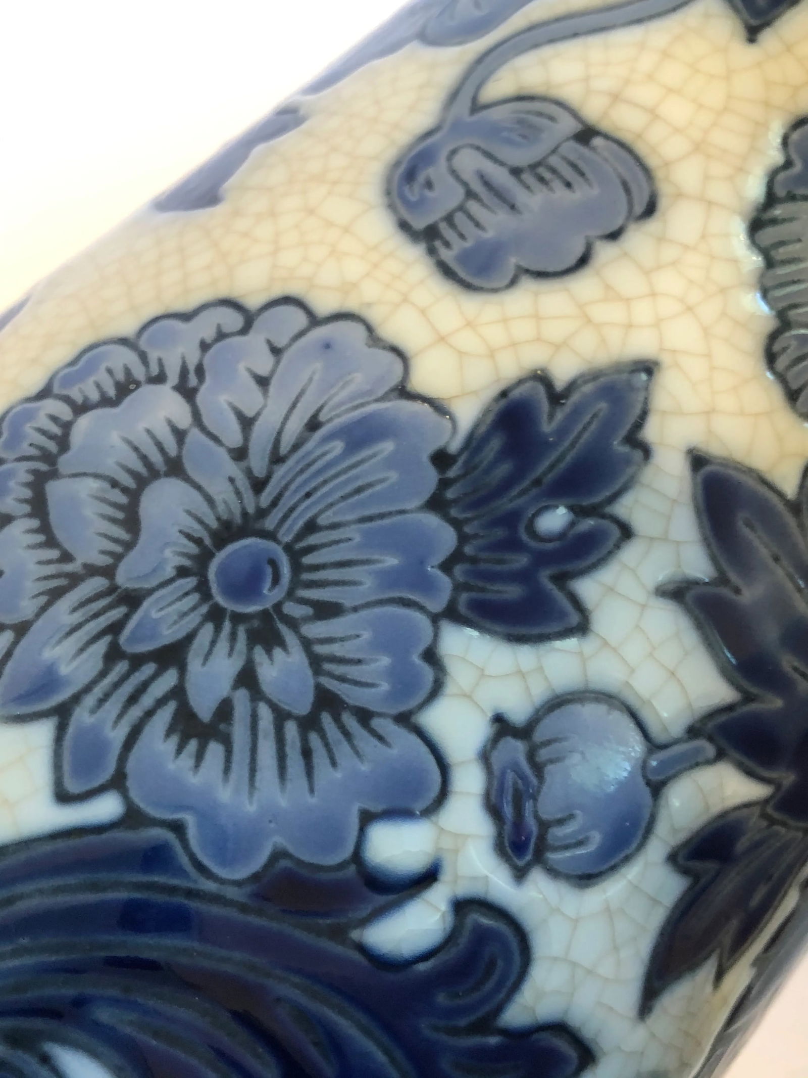 1990s Tall Chinese Embossed Blue & White Vase - 6