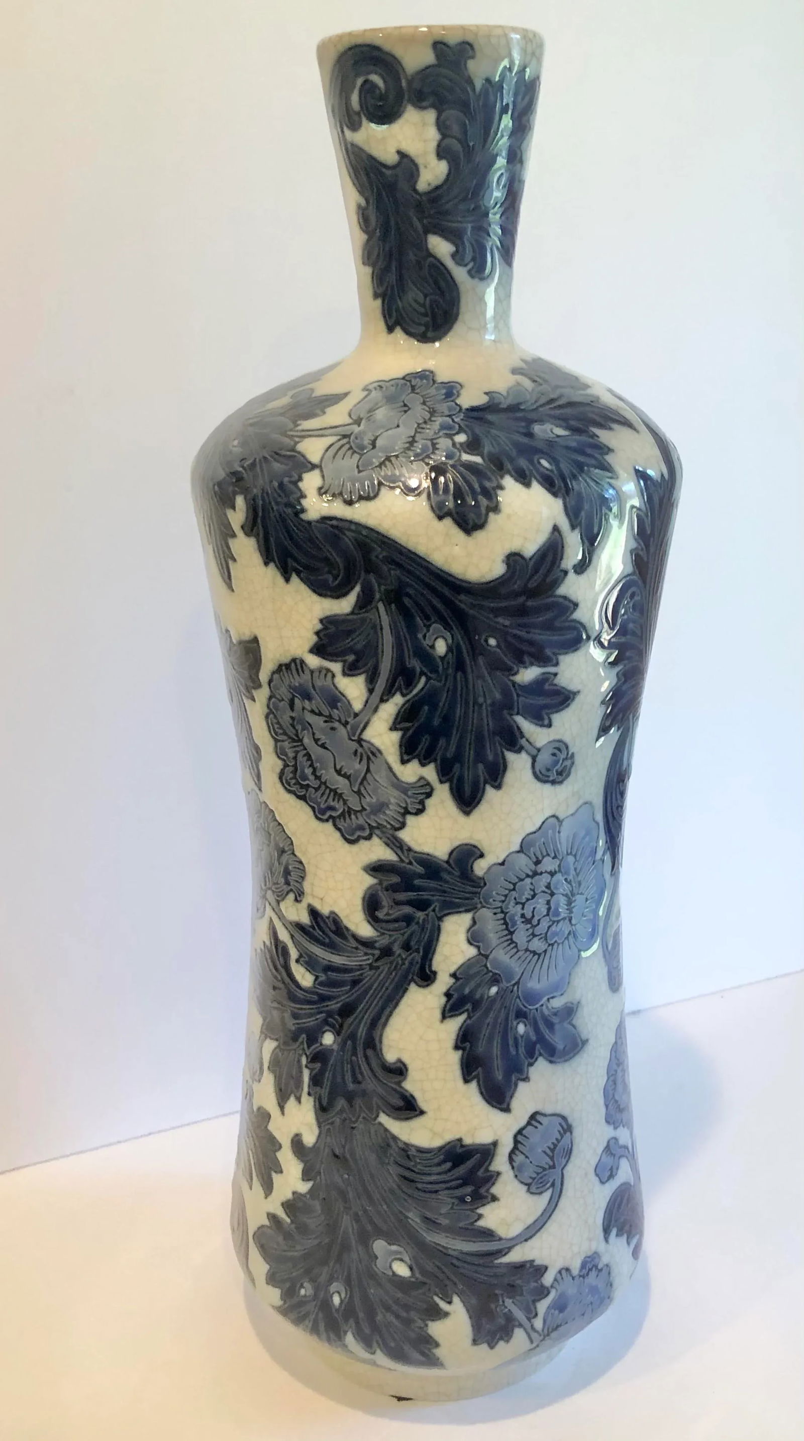 1990s Tall Chinese Embossed Blue & White Vase - 7