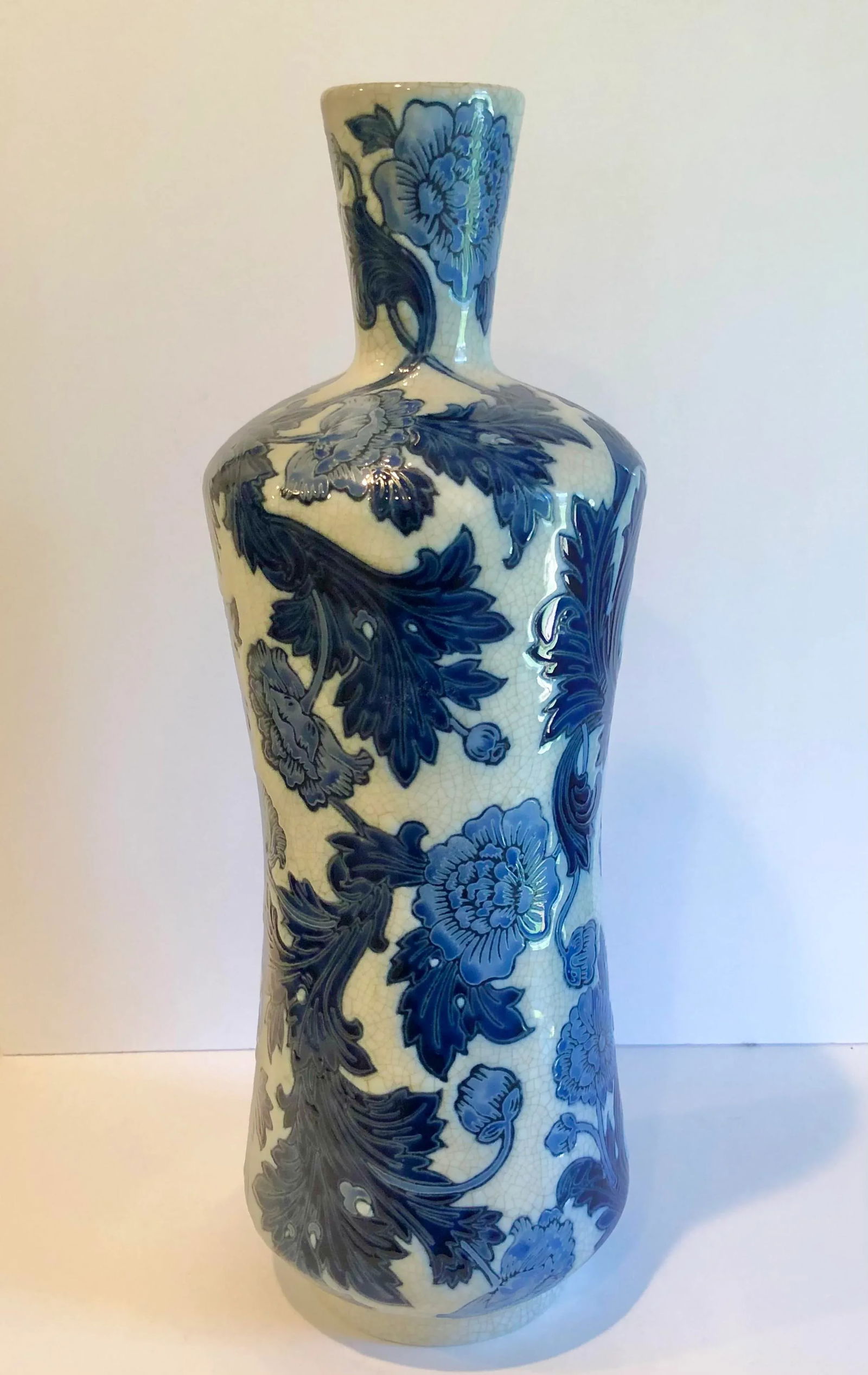 1990s Tall Chinese Embossed Blue & White Vase - 8