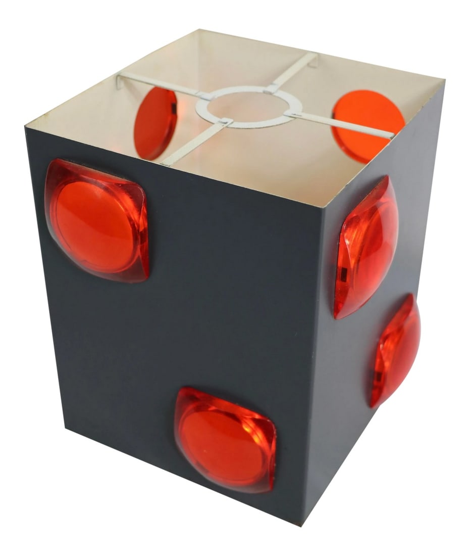 Mid Century Jeweled Shade Possibly Lightolier After Sarfatti: Chic architectural metal shade with translucent orange " jewels". The metal frame is gray on the exterior, white on the interior, it has a circular opening at the top, from which you can suspend the