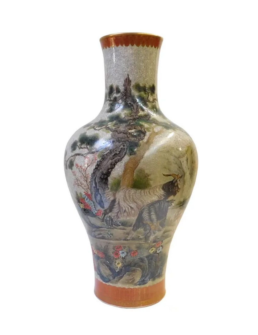 Chinese Gray Crackle 3 Rams Round Porcelain Vase: This is an oriental Chinese porcelain vase in a gray crackle pattern base color and a mix of printed & handpainted precise floral patterns and tree 3 rams graphic on the surface . It has a turquoise c