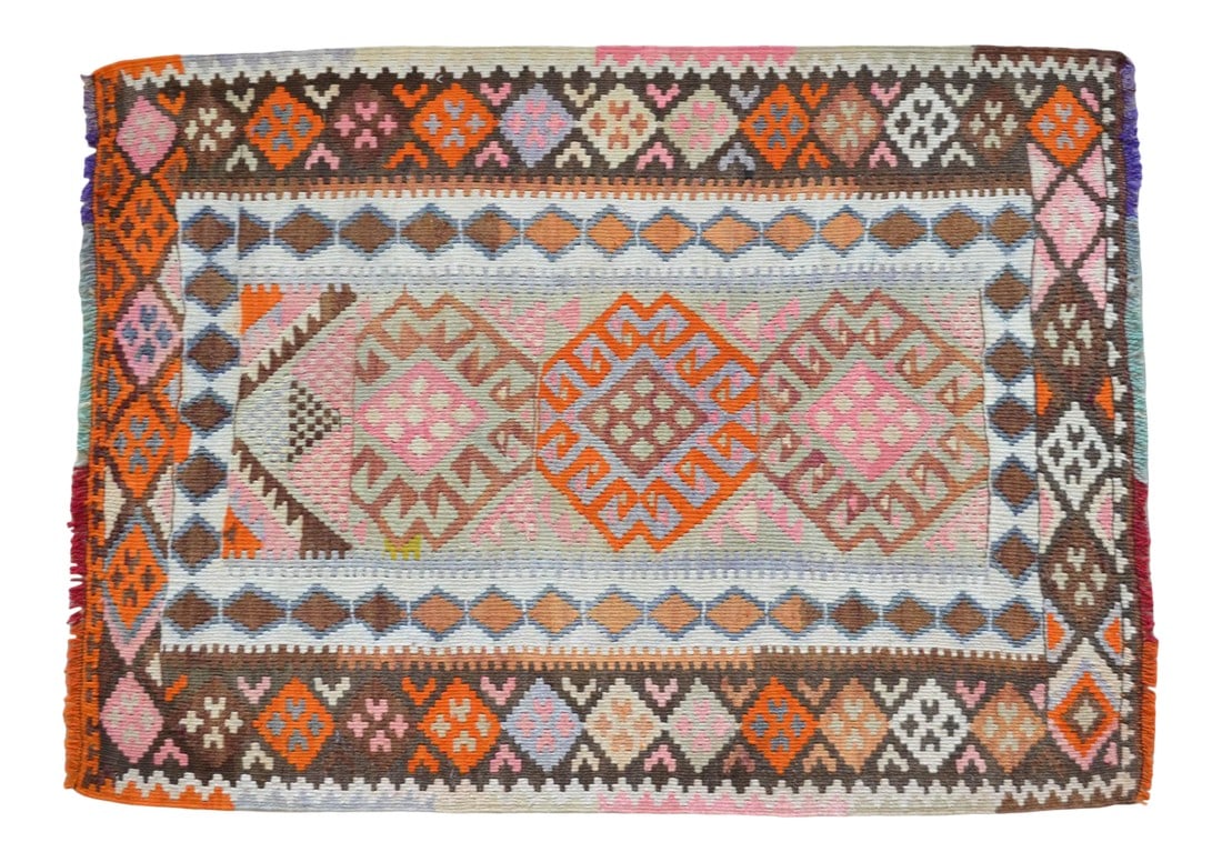 Cheerful Colors Turkish Kilim Flat Weave Muted Color Rug 3'1" X 4'3": This handwoven vintage Kilim rug has fun & cheerful muted colors. This petite Kilim is a really rare find! The colors, the pattern, abrash, and the tribal touch make this a truly covetable Kilim.