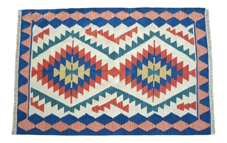 1980s Vintage Hand Woven Turkish Rug Flat Weave Wool Area Kilim Oushak Rug