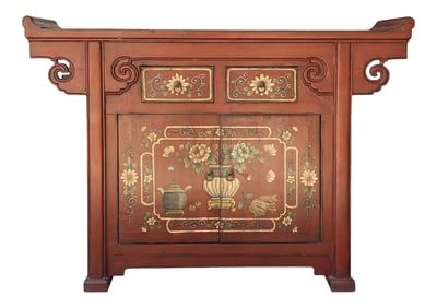 Chinese Distressed Brick Red Flower Altar Console Side Table Cabinet