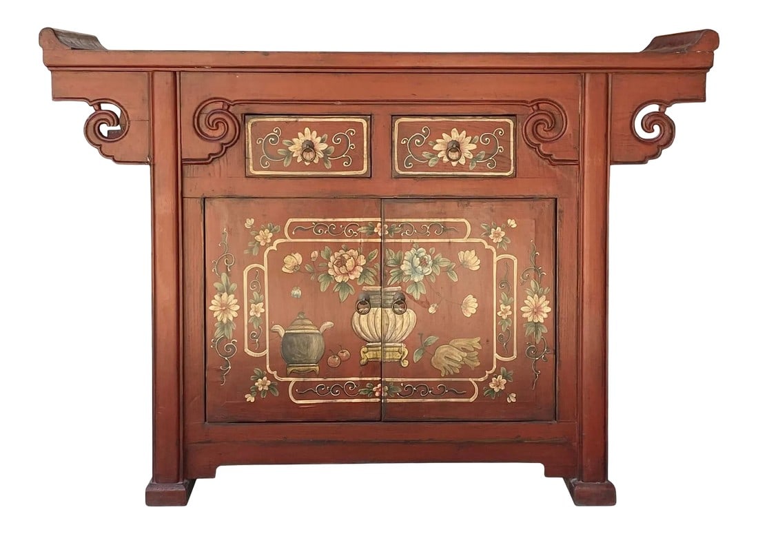 Chinese Distressed Brick Red Flower Altar Console Side Table Cabinet: This is a traditional oriental-style console side table with a point edge tabletop. There is a scroll pattern around the apron. The body is in distressed Chinese brick red color lacquer with an orient