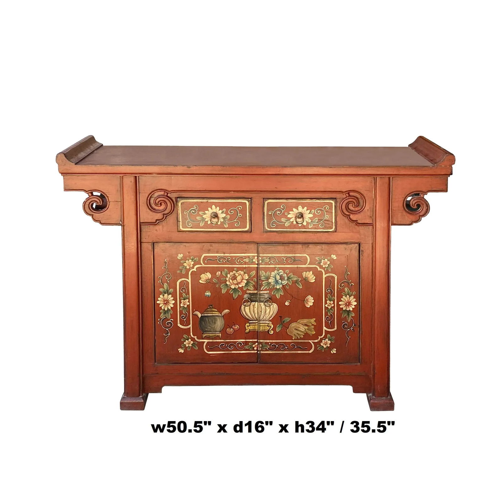 Chinese Distressed Brick Red Flower Altar Console Side Table Cabinet - 2