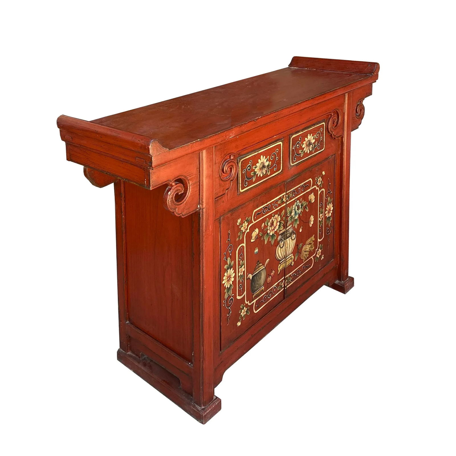 Chinese Distressed Brick Red Flower Altar Console Side Table Cabinet - 3