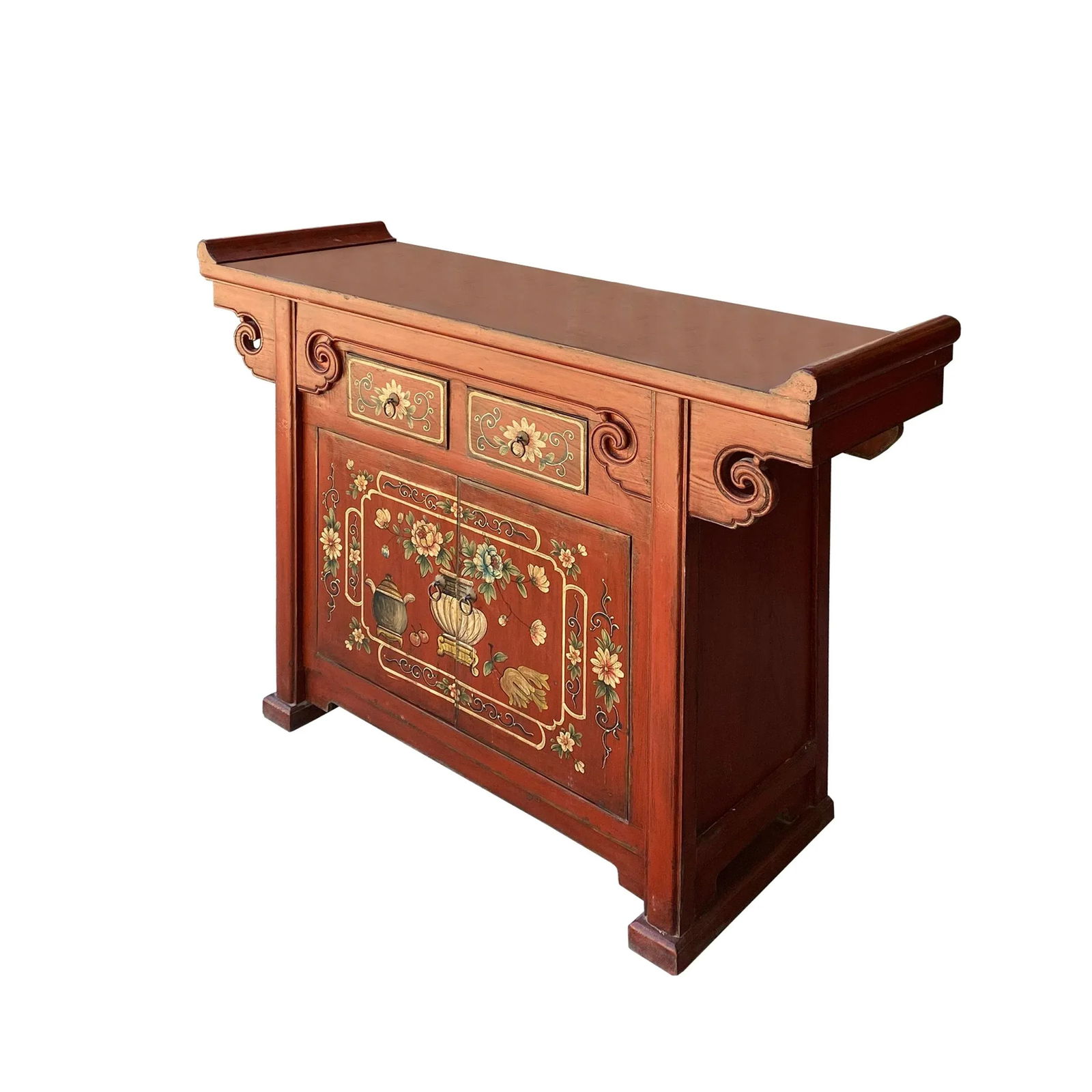 Chinese Distressed Brick Red Flower Altar Console Side Table Cabinet - 4