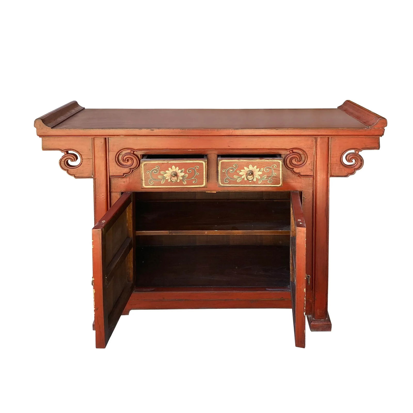 Chinese Distressed Brick Red Flower Altar Console Side Table Cabinet - 5