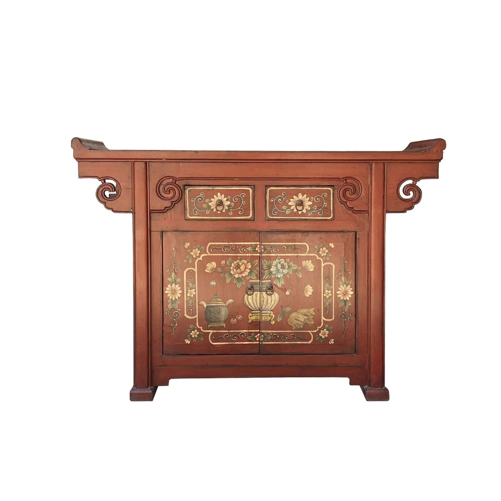 Chinese Distressed Brick Red Flower Altar Console Side Table Cabinet - 6