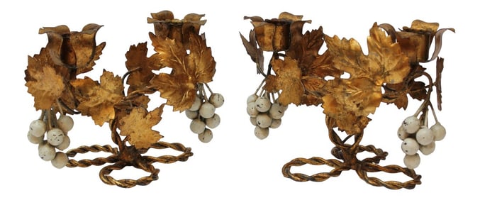 Pair of Vintage Italian Gilt Tole Florentine Grapeleaf Candleabra