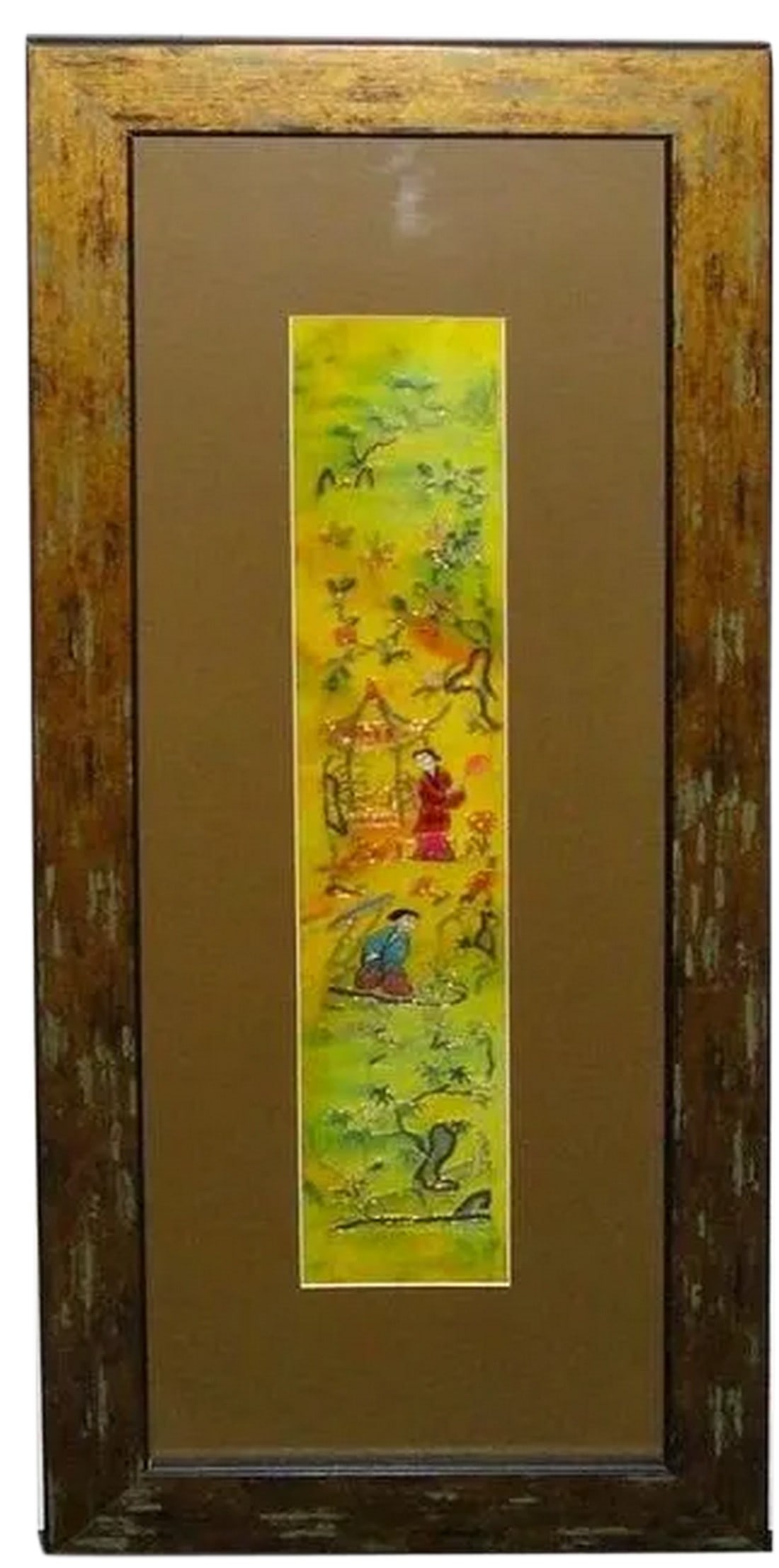 Vintage Hand Embroidered Framed Textile: The center vintage hand cross pattern hand embroidery of oriental scenery and kids is reframed. It adds a touch of oriental accent to the room quietly as well as a collectable piece. Origin: China