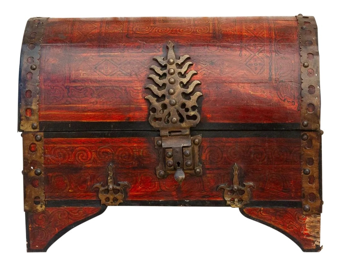 Malabar Brass Fitted Box: A dome shaped chest from the Gowdas tribes. This beautiful Malabar box features a red lacquer painted finish and dome top lid. Its top opens up up to reveal storage space for small items and