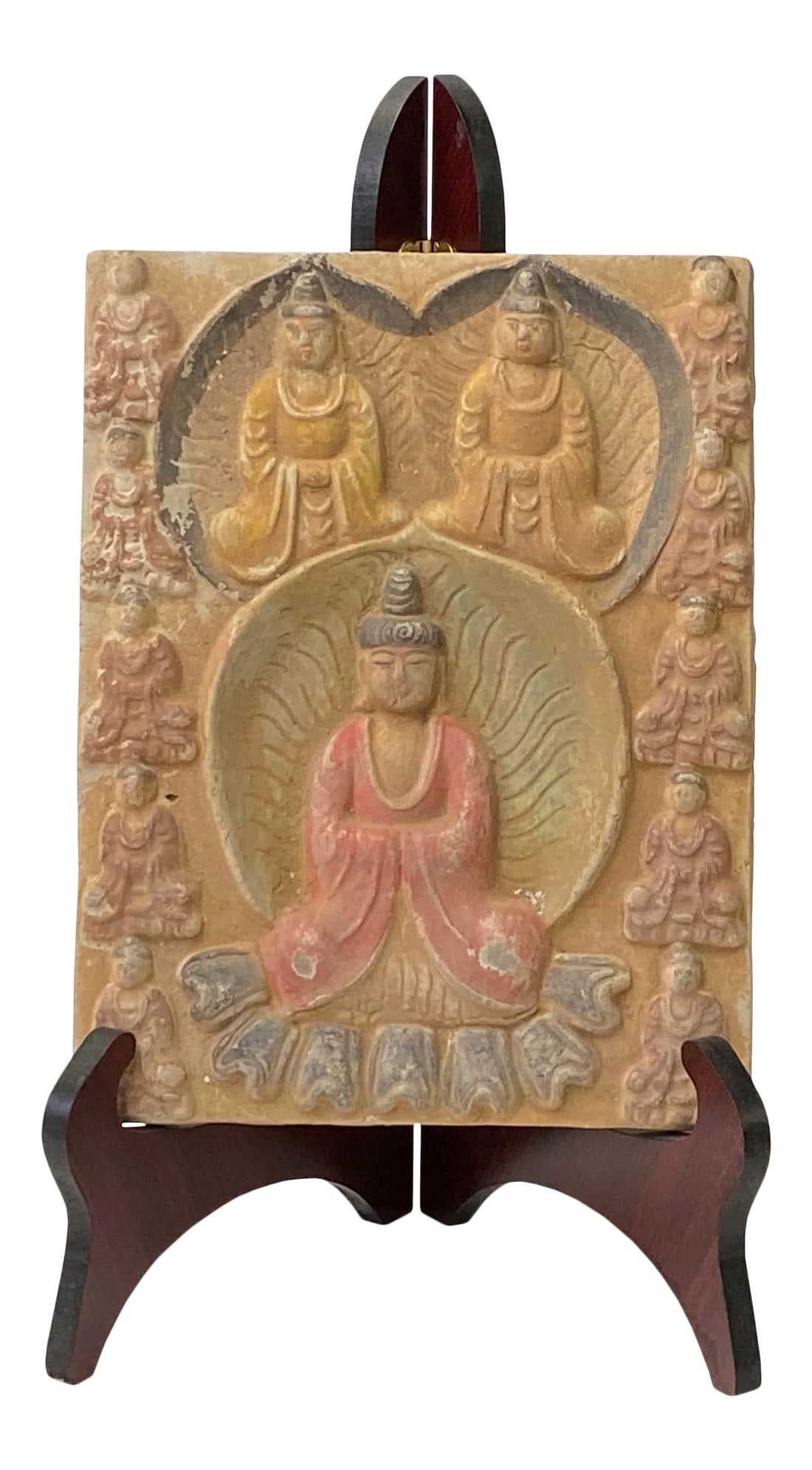 Chinese Oriental Handmade Clay Buddhas Theme Plaque Display: This is a handmade Chinese accent decorative tabletop plaque display. It is made of clay with a relief motif of buddhas theme. Dimensions: plaque size 7.5" x 10" thickness 0.75" Origin: China