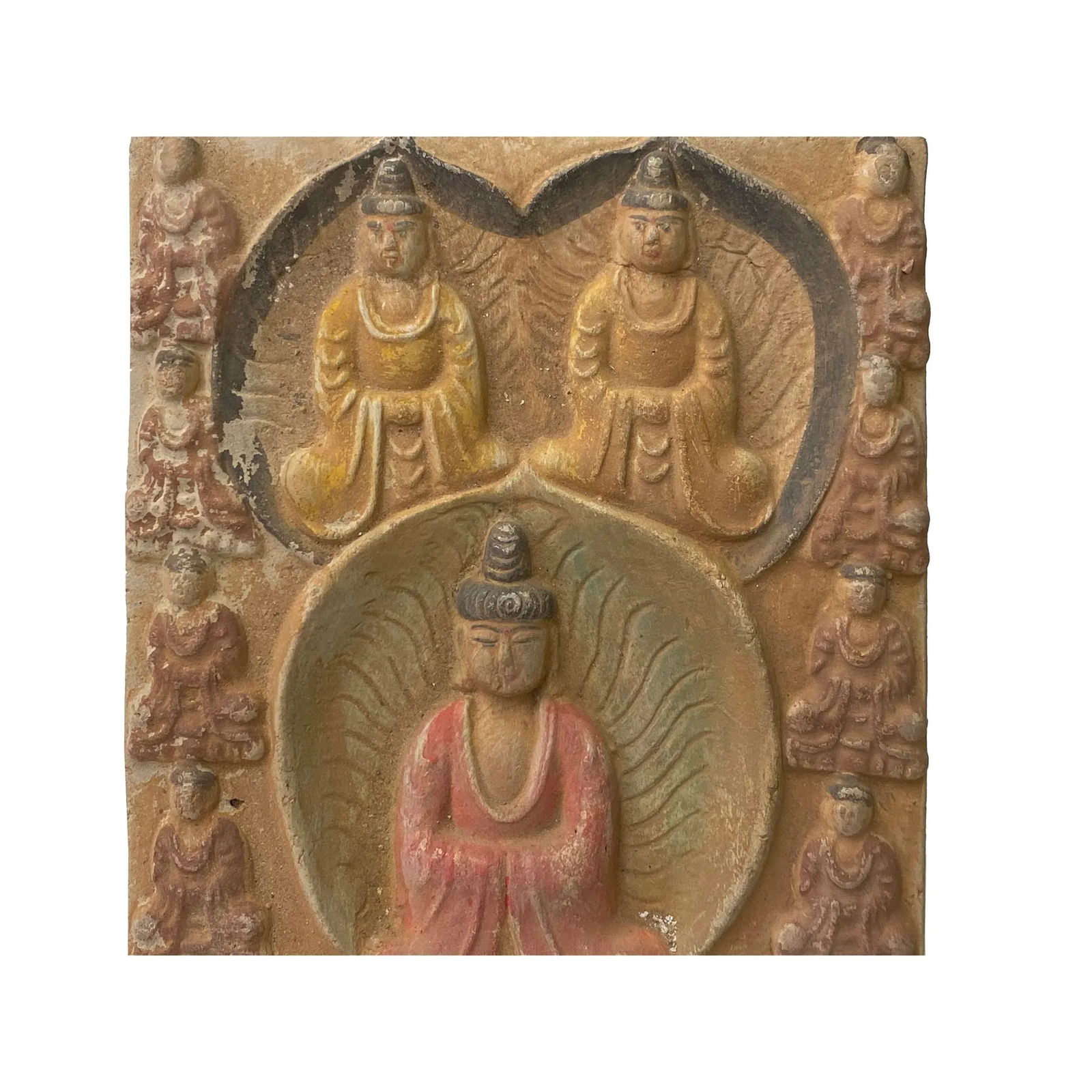 Chinese Oriental Handmade Clay Buddhas Theme Plaque Display - 2