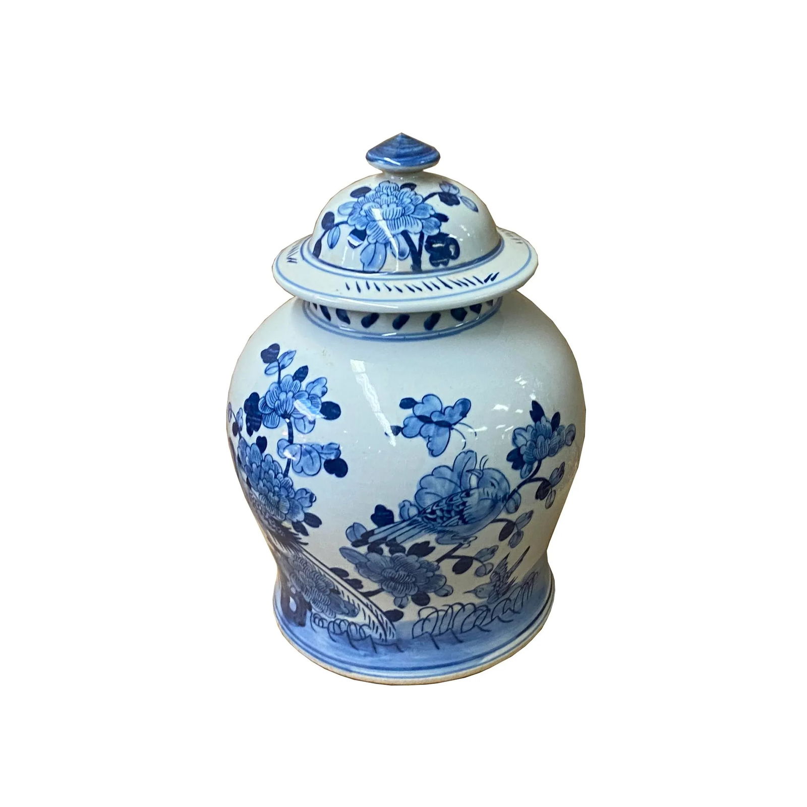 Chinese Blue White Porcelain Flower Birds Graphic Temple Jar - 2
