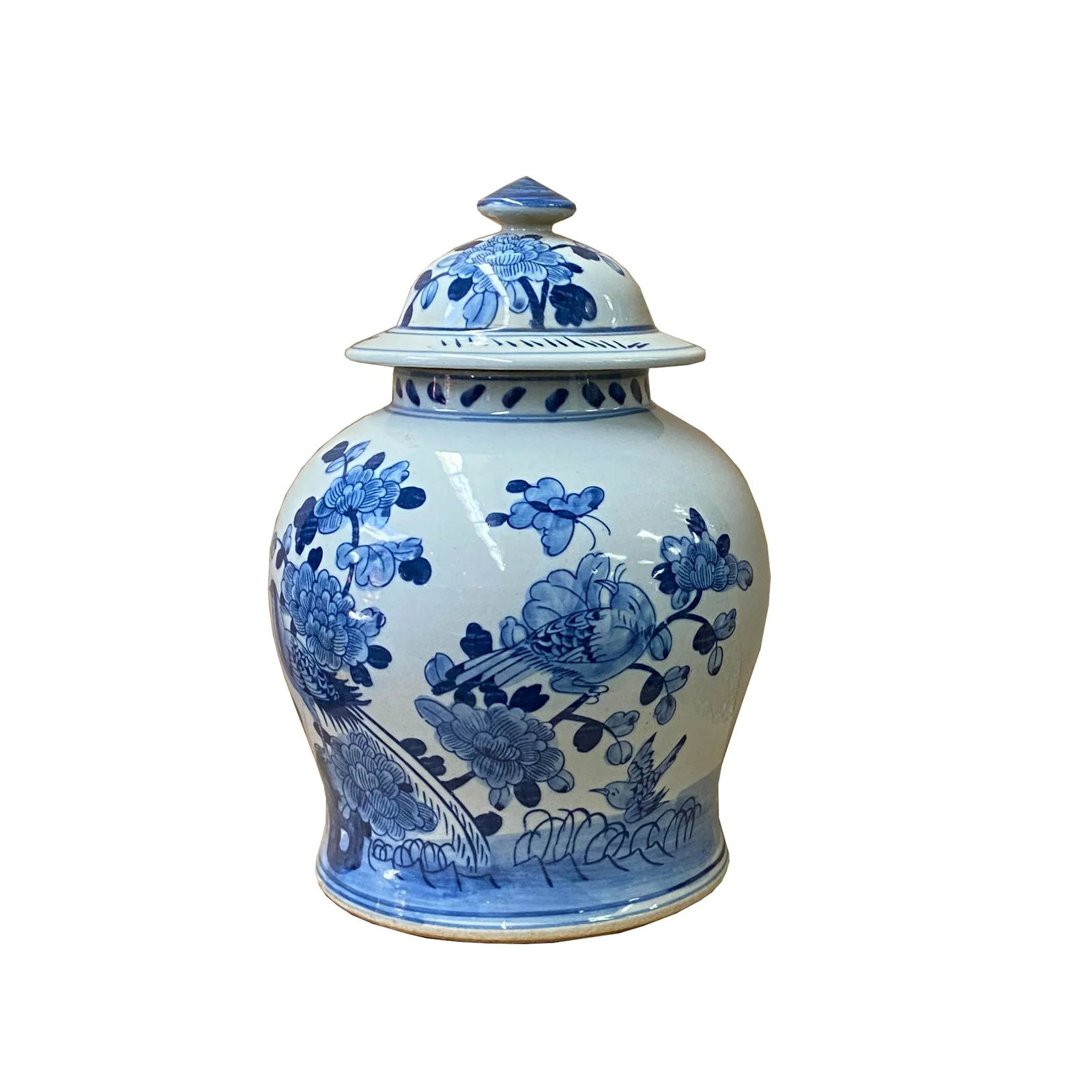 Chinese Blue White Porcelain Flower Birds Graphic Temple Jar - 6