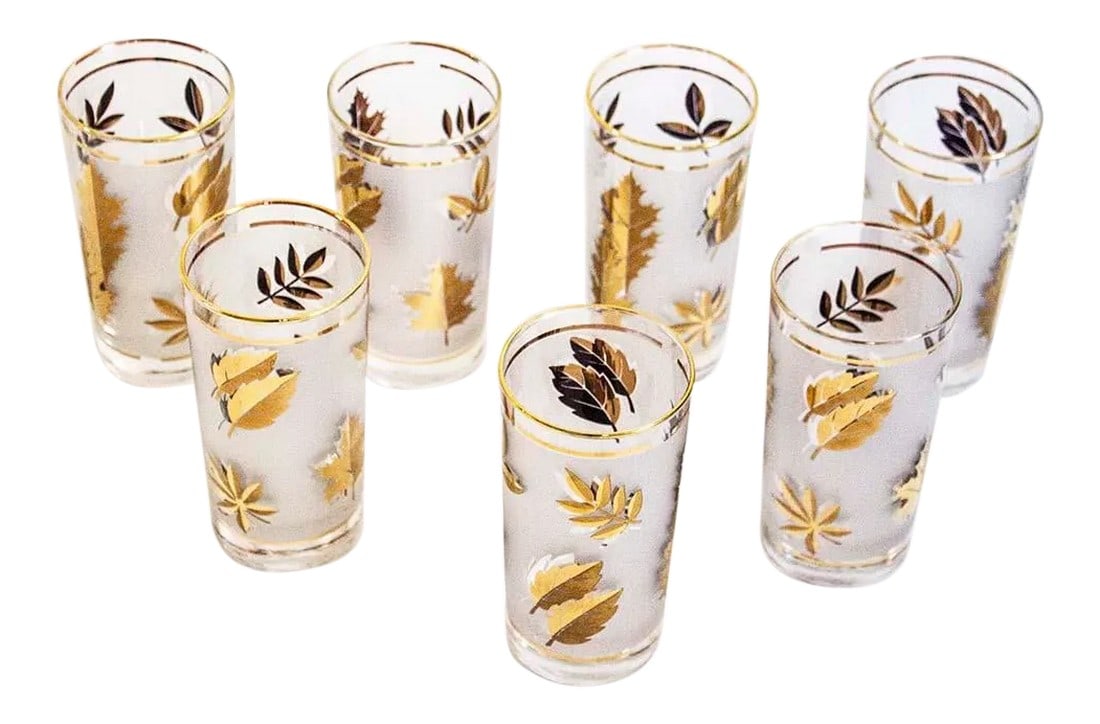 Mid-Century Libbey Golden Foliage Tumblers- Set of 7: Set of 7 mid-century Golden Foliage 12 oz. water goblets by Libbey Glass Co. Frosted with gold band. 5 1/2" high x 2 3/4" opening There are several other sets in my shop in different sizes, also 8