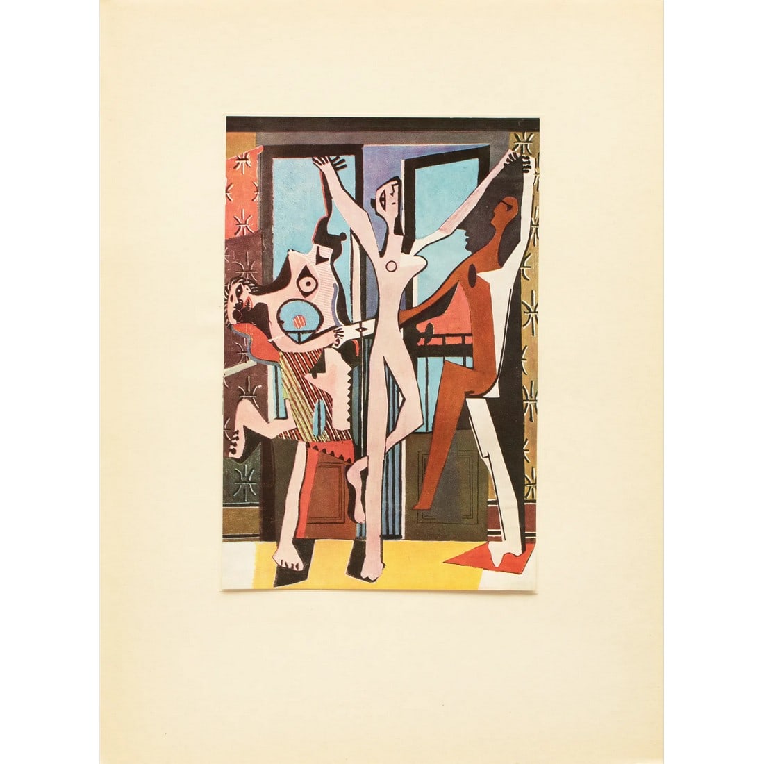 1960s After Pablo Picasso "The Dancers", Period Cubist Full-Color Print: An excellent vintage period full-color print after Cubist painting "The Dancers" (1929) by Pablo Picasso. Printed in the 1960s, on one side. Hand tipped-in on a sheet of paper, then mounted on a