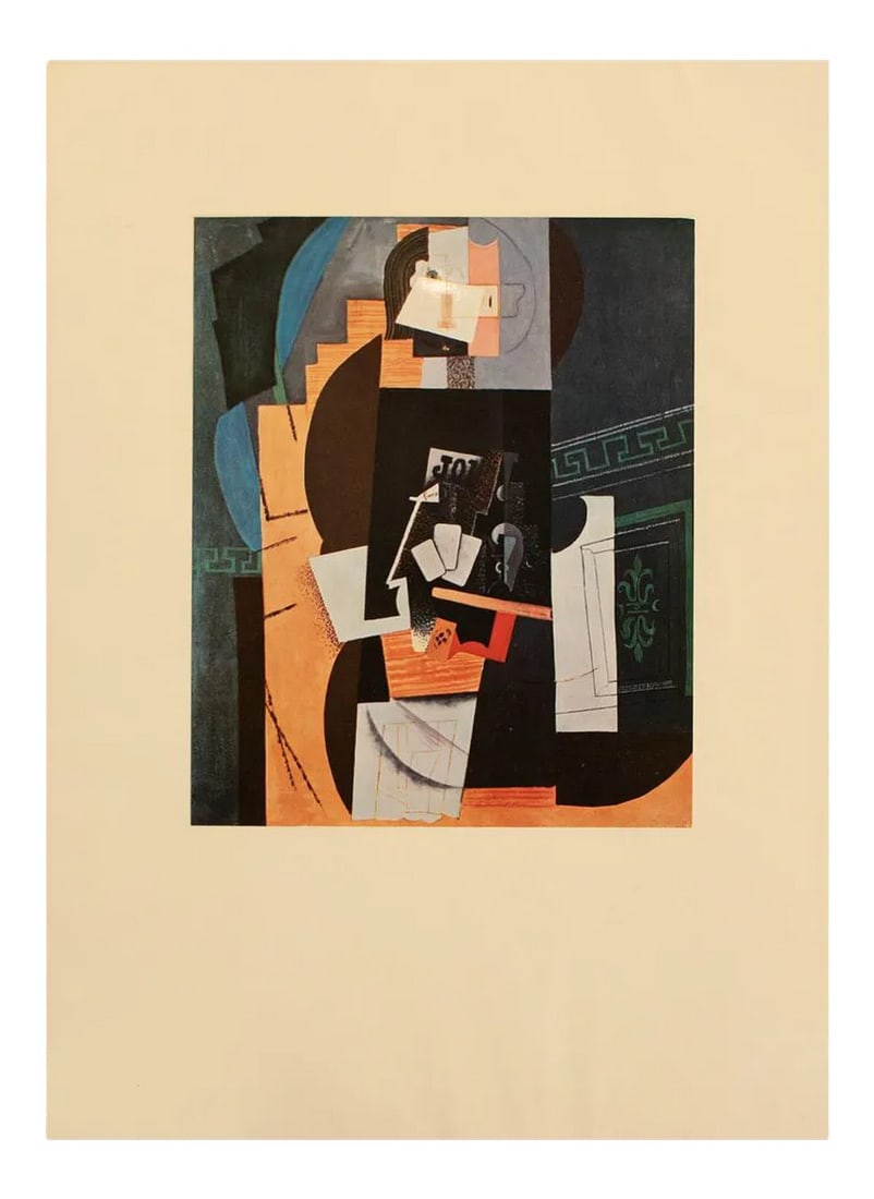 1960s After Pablo Picasso "Card Player" (1913-1914) Abstract Painting, Vintage Print: An excellent vintage print after Abstract painting "Card Player" (1913-1914) by Pablo Picasso. Comes from an art folio published in the 1960s. Printed on one side. Hand tipped-in on a board of