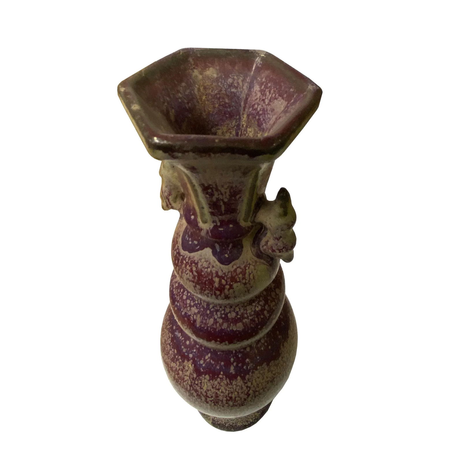 Plum Purple Distressed Ceramic Hexagon Mouth Artistic Narrow Vase - 4