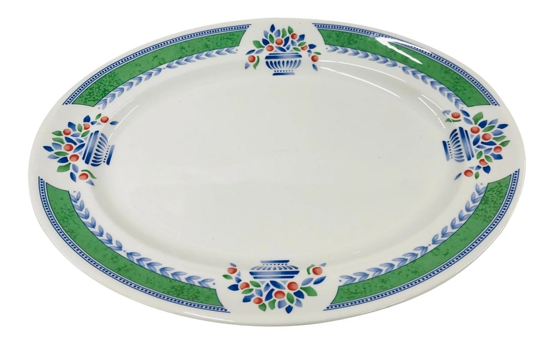 1970s Johnson Brothers Green Jardiniere Pattern 14" Platter - Made in England: Large Johnson Brothers platter in the Jardiniere pattern. Condition: Alterations: Original Condition Unaltered Imperfections: Some Imperfections Condition Notes: Some minor scratches, shown in
