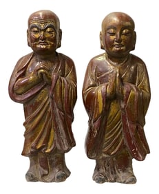 Pair of Chinese Wood Brown Golden Lacquer Monk Figures