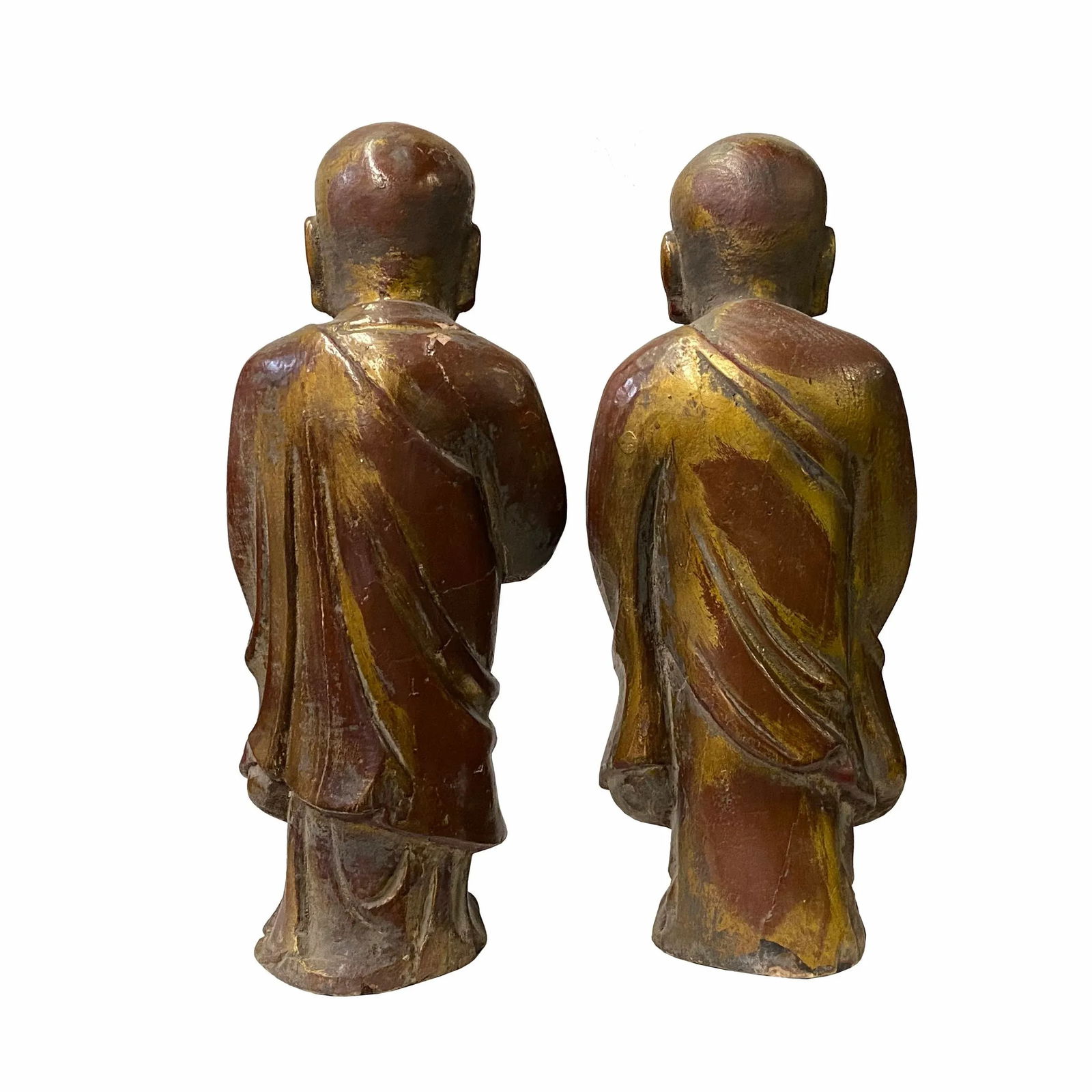 Pair of Chinese Wood Brown Golden Lacquer Monk Figures - 2