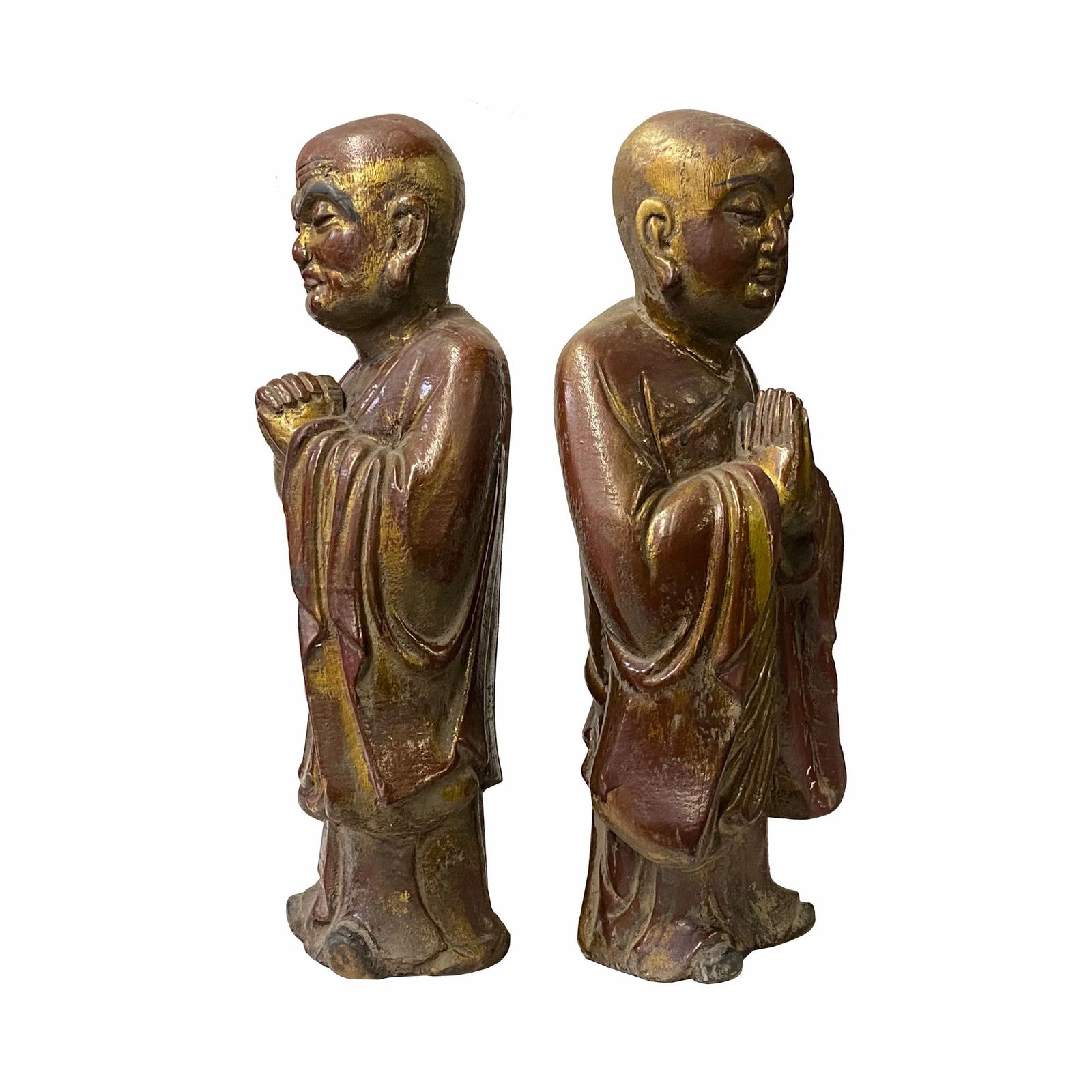 Pair of Chinese Wood Brown Golden Lacquer Monk Figures - 3