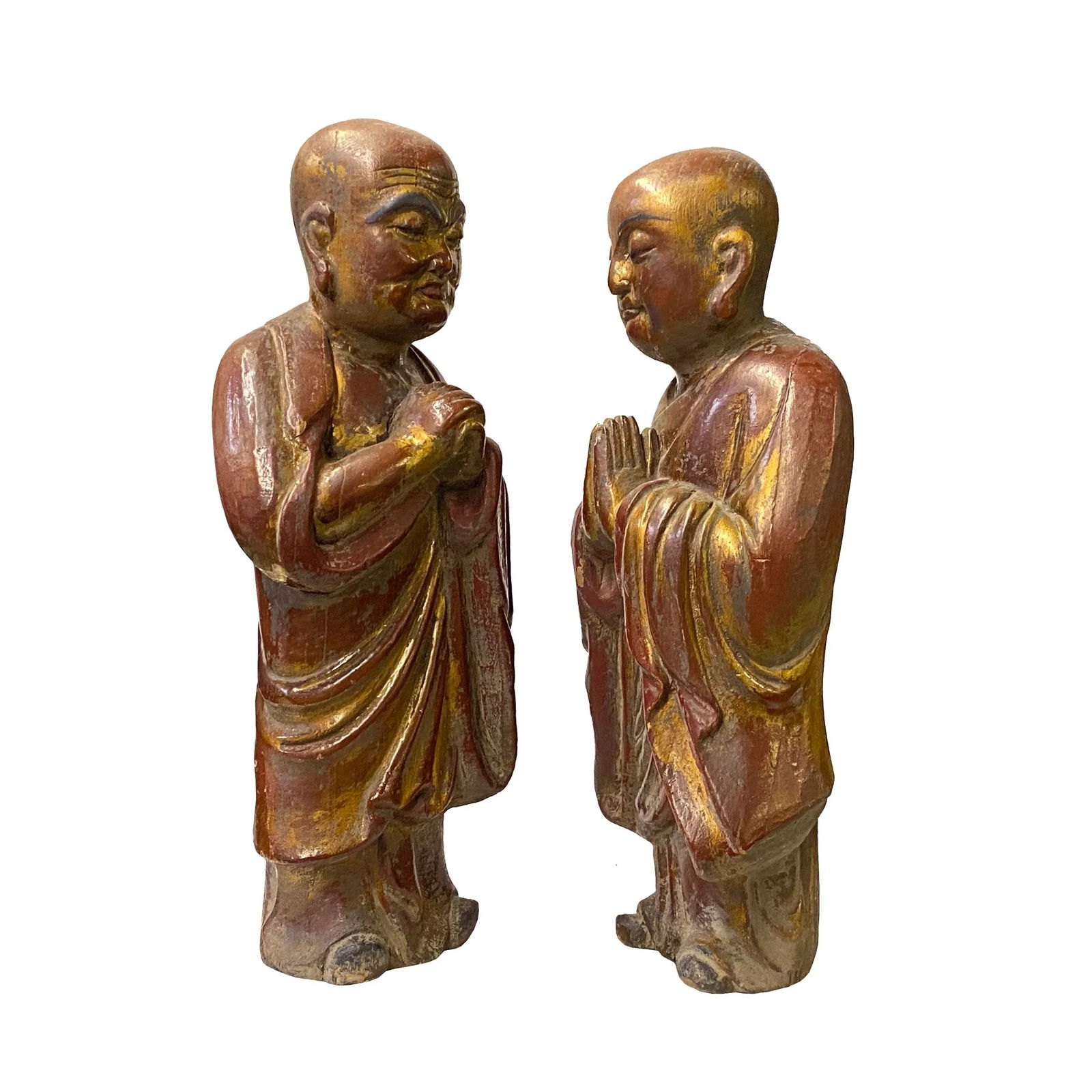 Pair of Chinese Wood Brown Golden Lacquer Monk Figures - 4