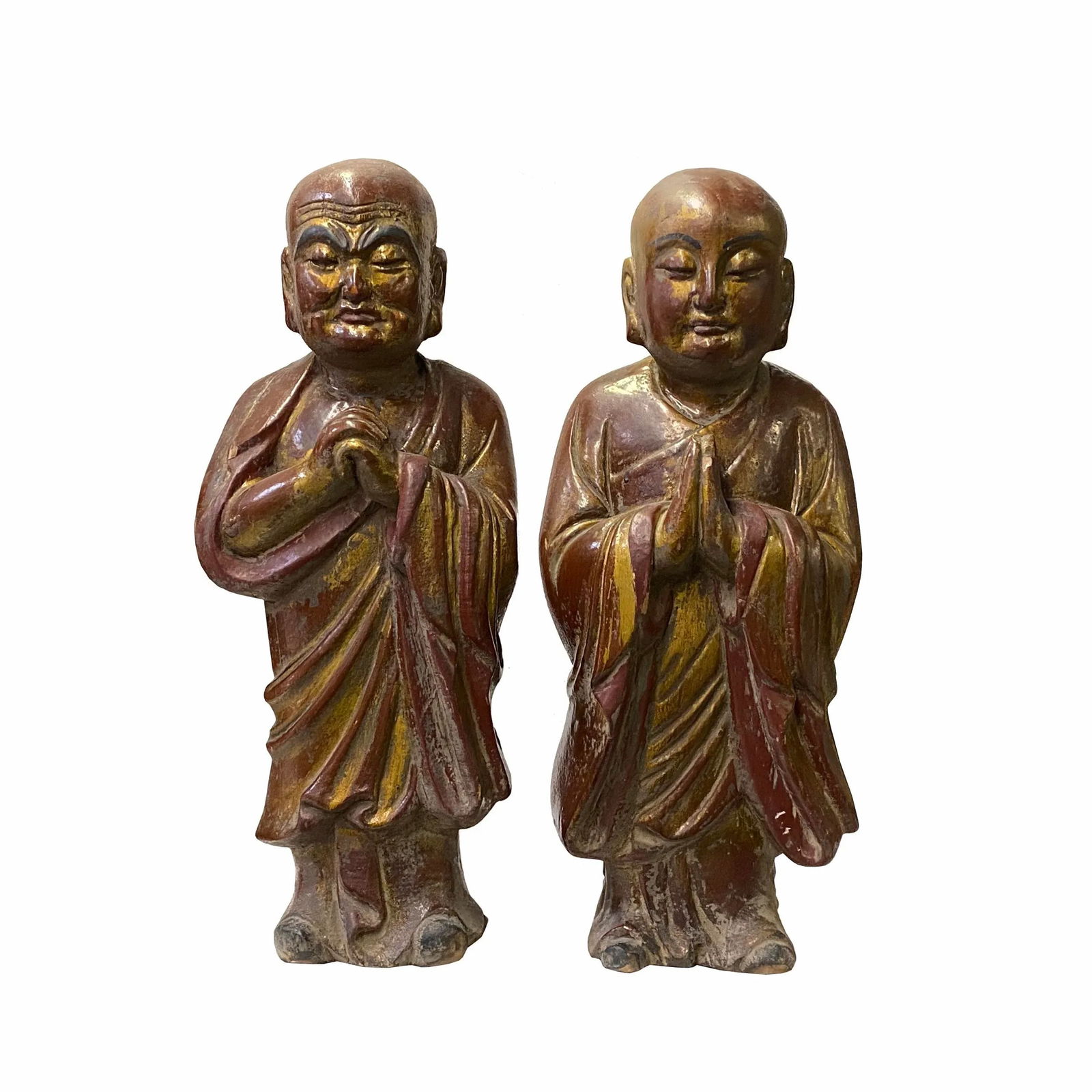 Pair of Chinese Wood Brown Golden Lacquer Monk Figures - 5