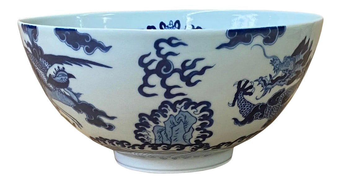 Chinese Blue & White Porcelain Hand Painted Dragon Phoenix Bowl: This is a handmade blue & white porcelain traditional Chinese bowl. Each piece is handmade with a result of fine thin porcelain texture. The surface graphic is hand drawn precisely with a theme of