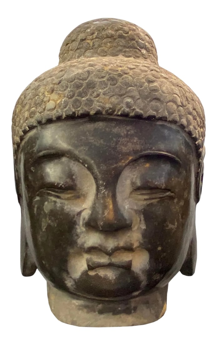 Chinese Oriental Black Gray Stone Carved Buddha Head Figure: This is a Chinese decorative stone Buddha head statue. Hand-carved, it shows the draft and raw carving marks on the surface. Dimensions: Dia 7" x h11" Origin: China Material: Stone Condition: stone ch
