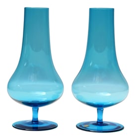 Pair of Mid-Century Polish Bulbous-Form Turquoise Blown Glass Bud Vases
