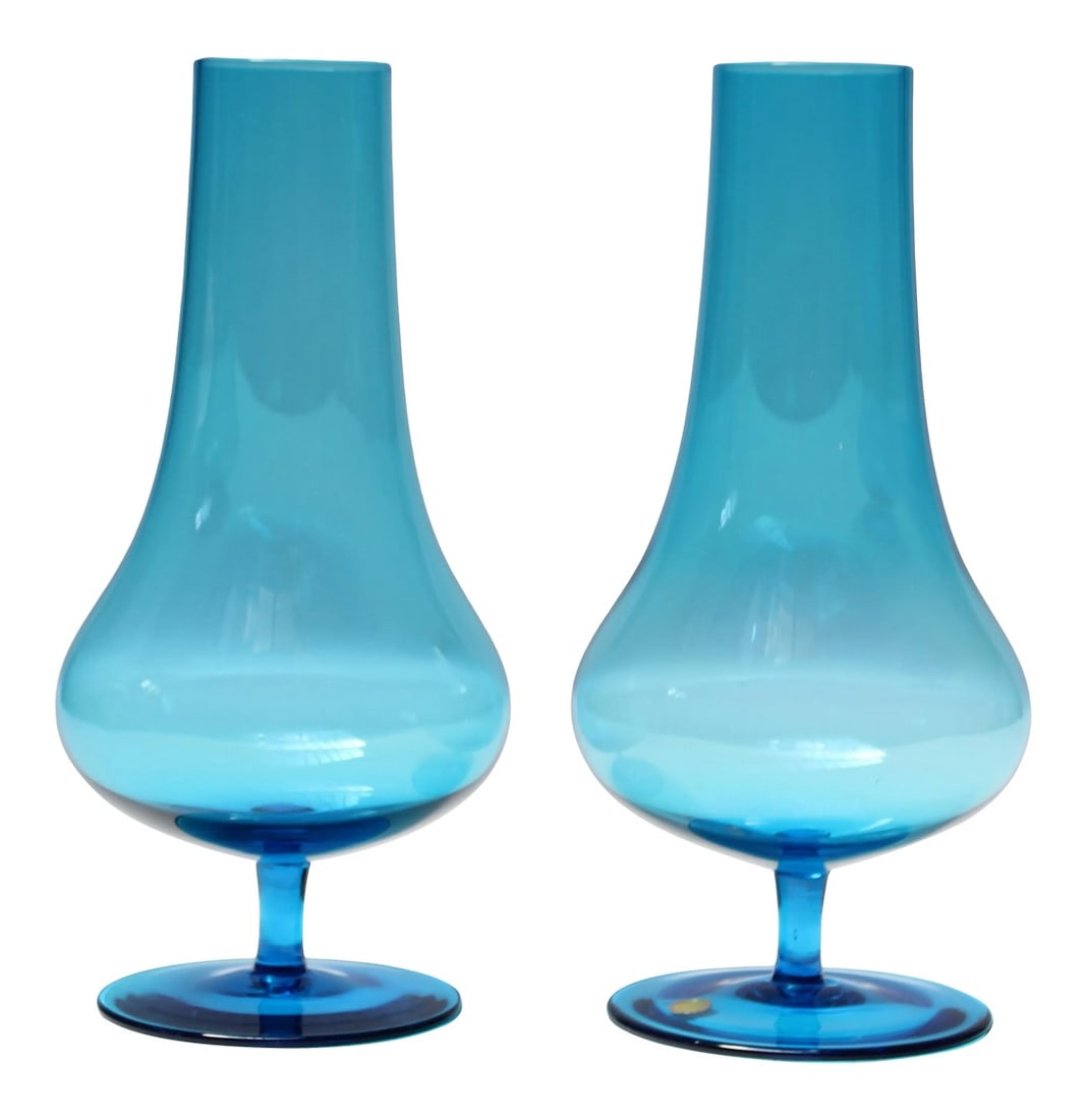 Pair of Mid-Century Polish Bulbous-Form Turquoise Blown Glass Bud Vases (1 of 9)