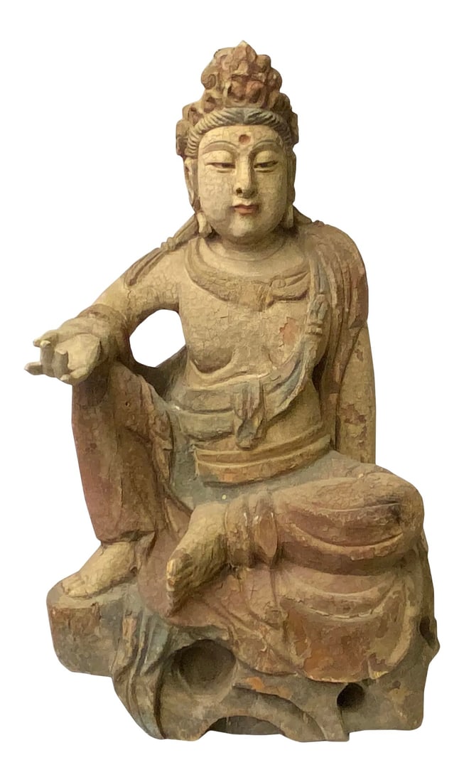 Chinese Rustic Wood Sitting Guan Yin Kwan Yin Bodhisattva Statue (1 of 7)