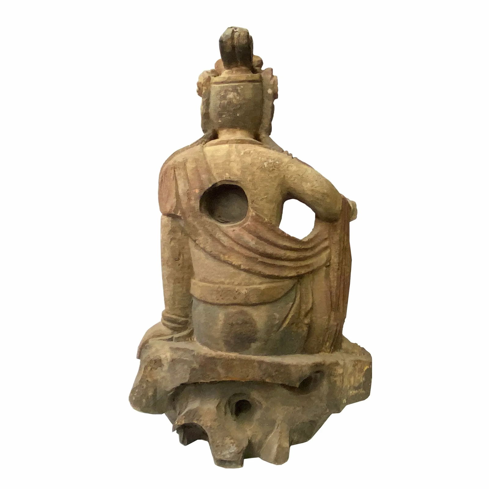 Chinese Rustic Wood Sitting Guan Yin Kwan Yin Bodhisattva Statue - 3