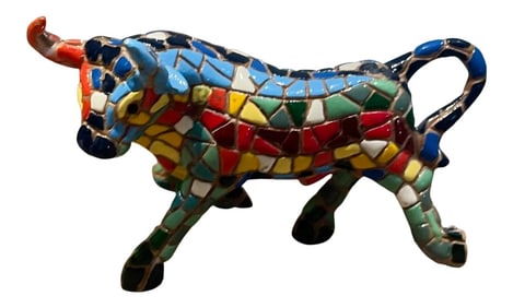 1960s Handmade Bull Colorful Ceramic Tile Mosaic