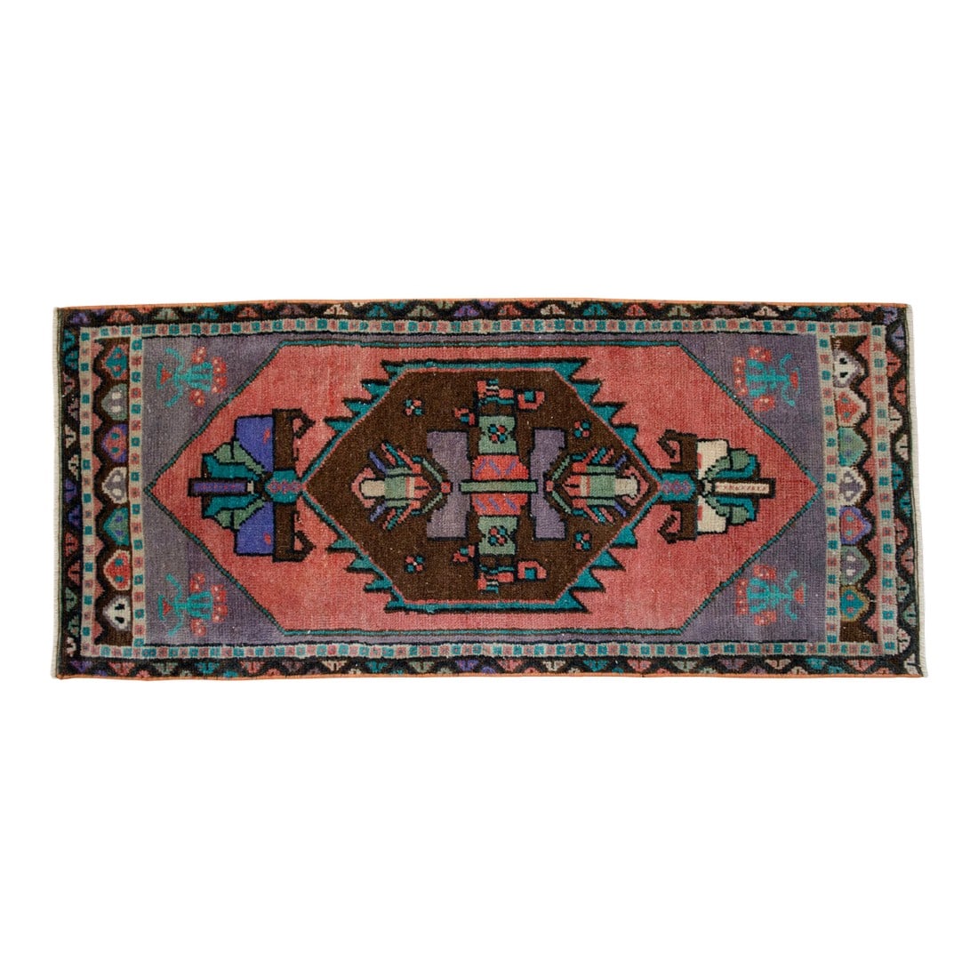 1970s VintageHand Knotted Small Turkish Rug Doormat -1'7 X 3'8": Authentic coral-rose and teal-blue accent mat featuring timeless Anatolian motifs "” perfect for entryways, bathrooms, or kitchen sinks. Vintage Turkish Hand-Knotted Small Rug from Oushak,