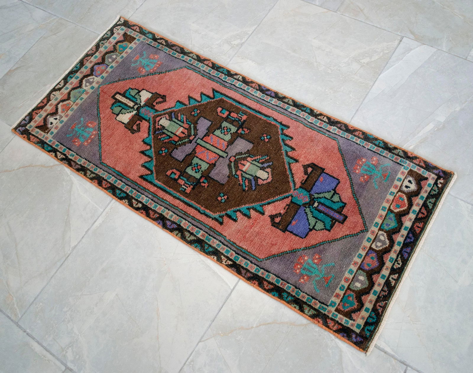 1970s VintageHand Knotted Small Turkish Rug Doormat -1'7 X 3'8" - 2