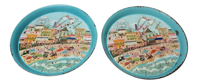 1955 Pepsi Cola Coney Island Boardwalk Tin Litho Trays- a Pair
