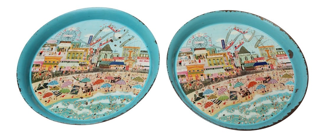 1955 Pepsi Cola Coney Island Boardwalk Tin Litho Trays- a Pair: Pair of ca. 1955 Pepsi Cola tin litho advertising trays in attractive turquoise enamel depicting the exuberant Coney Island Boardwalk, highlighting the Cyclone and Wonder Wheel, the two most